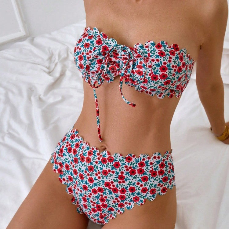 Dame Bikini-sæt med romantisk rynkedesign og blomster mønster Skovae