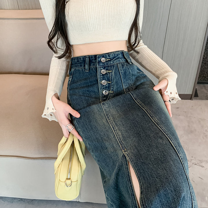 Kvinder Lang Denim Nederdel med Front Split Stilla