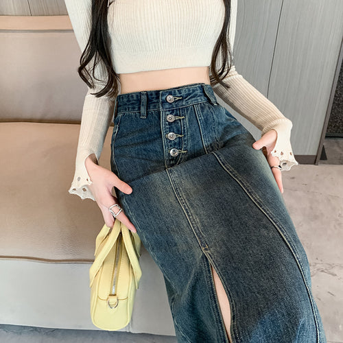 Kvinder Lang Denim Nederdel med Front Split Stilla