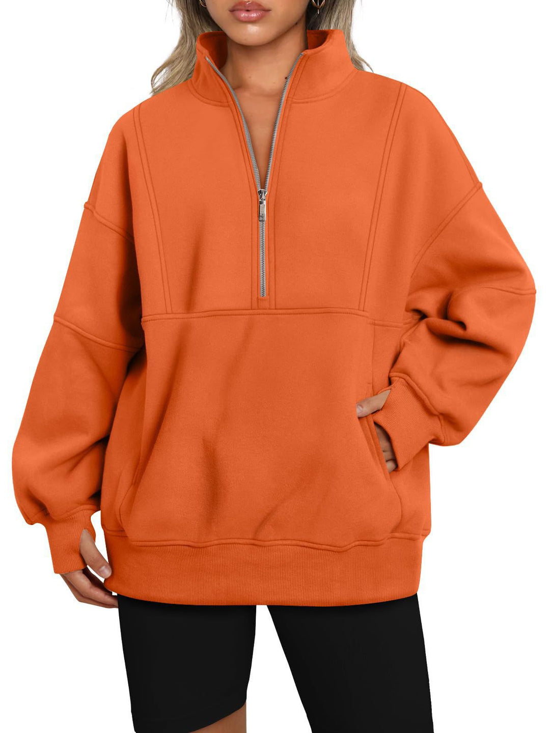 Dame Sporty Hoodie med halvdelen lynlås og voluminøse ærmer Stilla