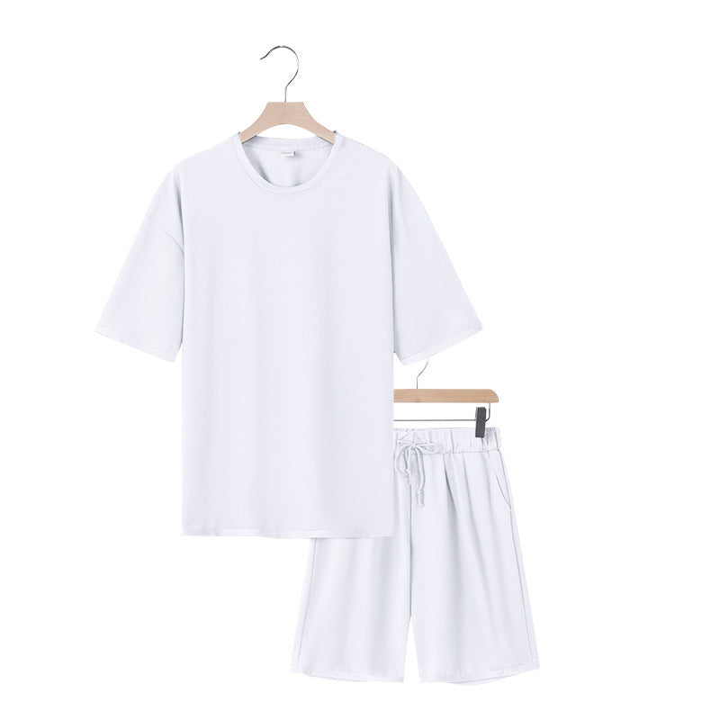 Herrer afslappet jersey-sæt med forlænget rundhalset T-shirt og elastiske snoretræk-shorts Skovae