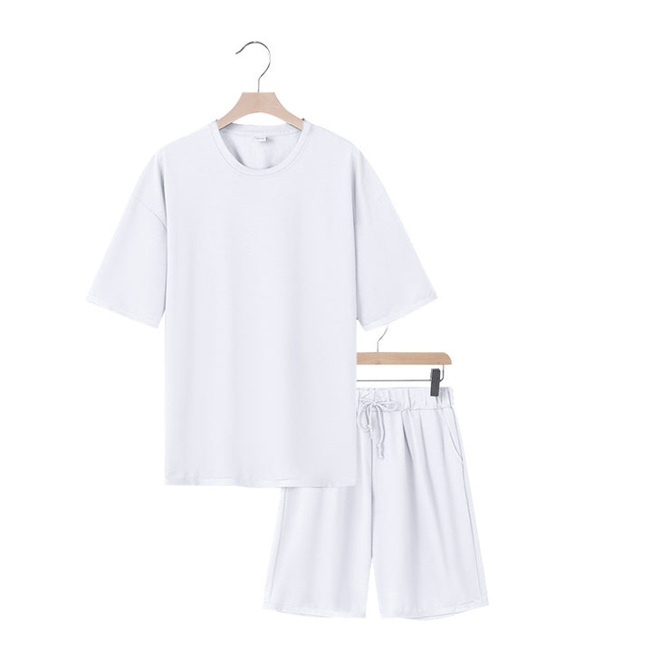 Herrer afslappet jersey-sæt med forlænget rundhalset T-shirt og elastiske snoretræk-shorts Skovae