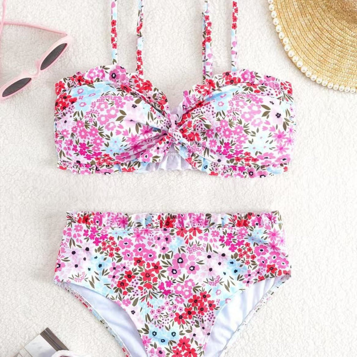 Dame bikini-sæt med muntert blomstermønster og rynket bustier Skovae