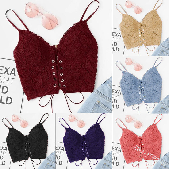 Dame Spids-Crop-Top med dekorative snøre detaljer og fine spidsindsatser Stilla