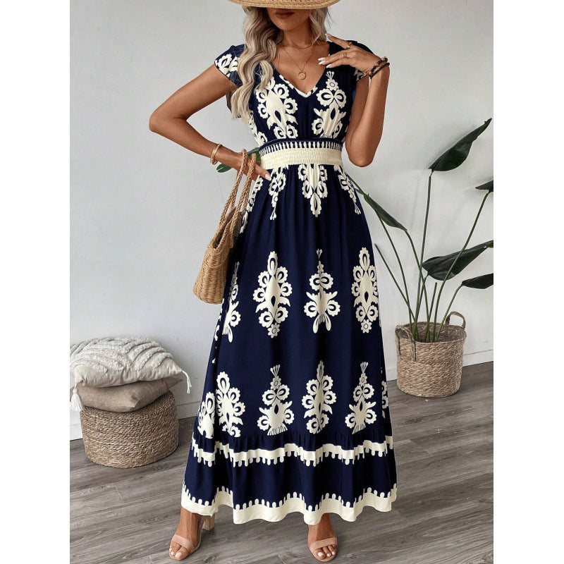 Damer Bohemian Floral Maxi Kjole med smocket talje Stilla