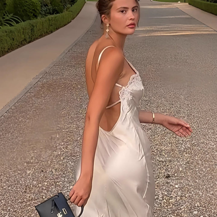Dame elegante satin maxi kjoler med blondekant og smalt stropdesign Skovae