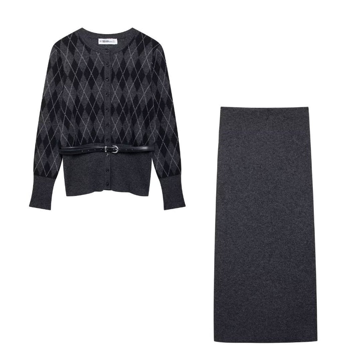 Damer Argyle-mønster Cardigan med kunstlæderbælte Stilla
