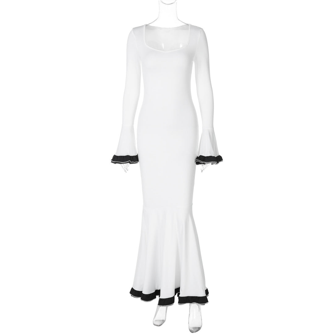 Dame figurtilpasset Maxikjole med elegant klokkesnit og flæseærmer Stilla