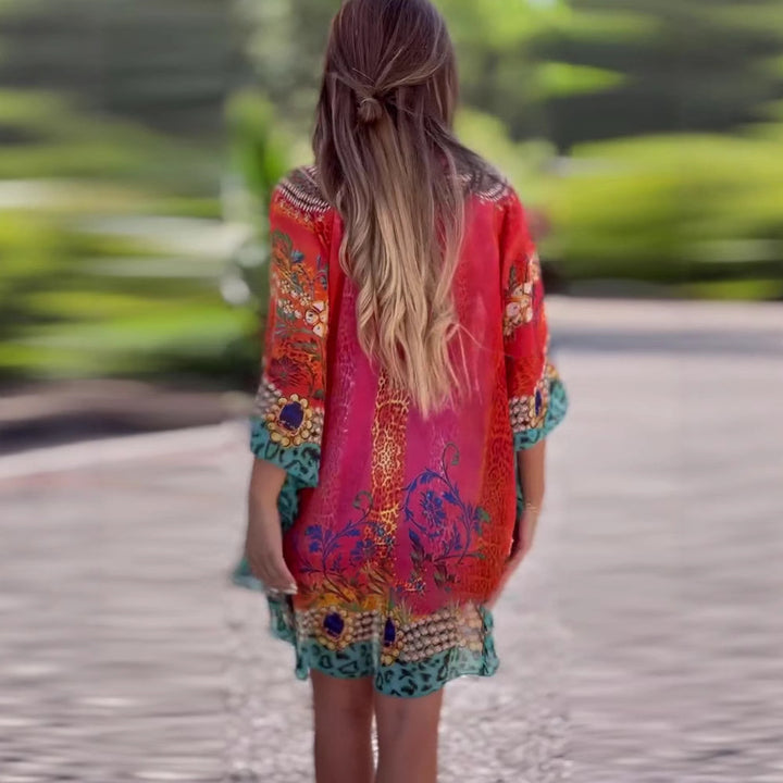 Dame Kaftan med elegant V-udskæring og funkende print Stilla