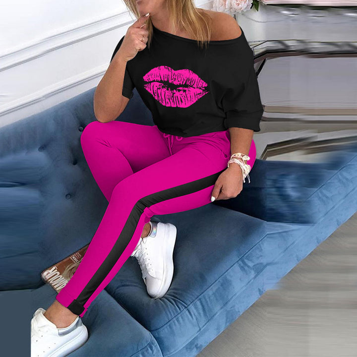 Dame Mode Sweatshirt med Læbe Motiv og Sporty Leggings Stilla
