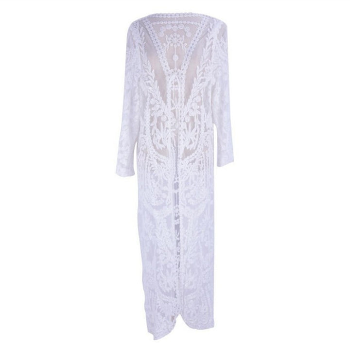 Dame lang blond kimono med blomsterdesign og sidesøm Stilla