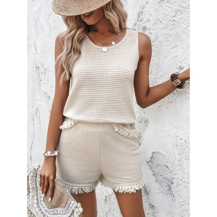 Dame strikoverdel og shorts sæt med frynset afslutninger Skovae