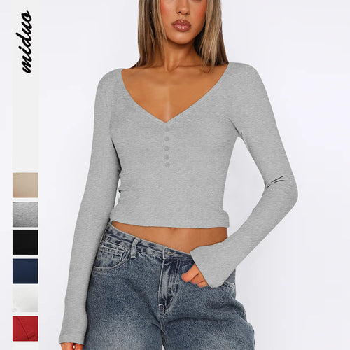 Dame Langærmet Crop-Top med V-udskæring og knapliste Stilla