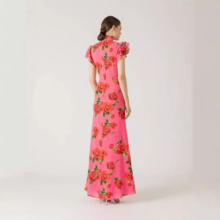 Dame elegant Maxikjole med blomsterdetaljer og volanger Stilla