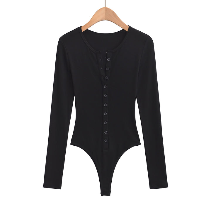 Dame Langærmet Bodysuit med knapliste og elegant rund halsudskæring Stilla