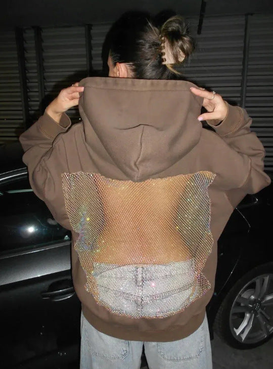 Dame med hættesweatshirt med transparent broderet rygparti Skovae