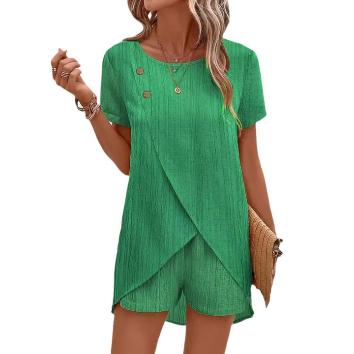 Damer elegant kort jumpsuit med fashionabelt omslag-design Stilla