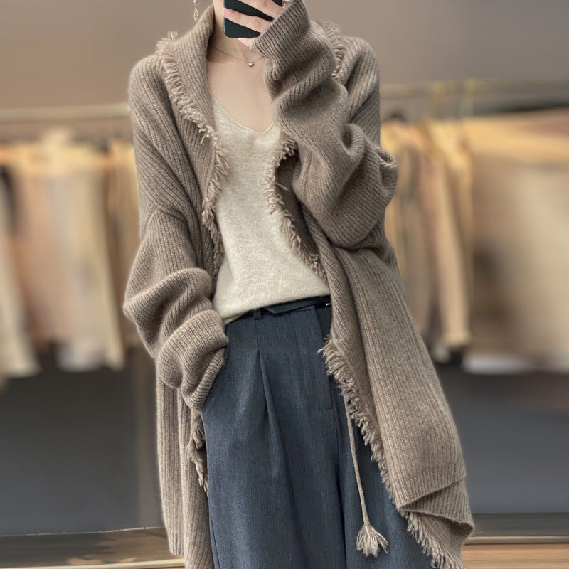 Dame elegant struktureret strik-cardigan med frynse-detalje Stilla
