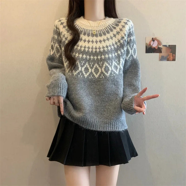 Dame Cozy Knit Sweater med Nordisk Mønster Stilla