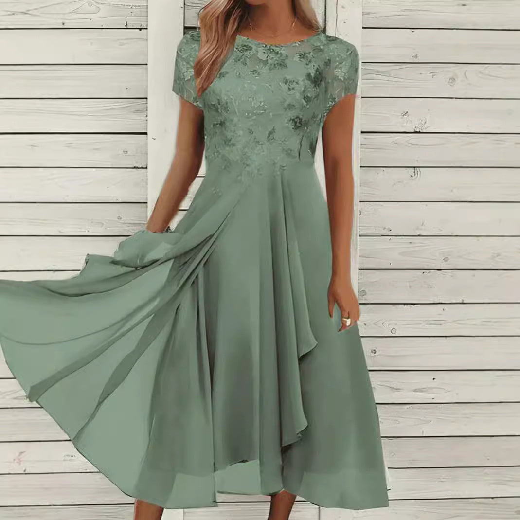 Dame nan flydende chiffon-midi kjole med blomsterbroderet overdel og asymmetrisk lagdelt nederdel Skovae