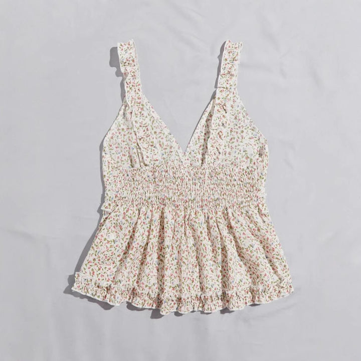 Dame bluse top med blomster rynket kant og V-hals Stilla