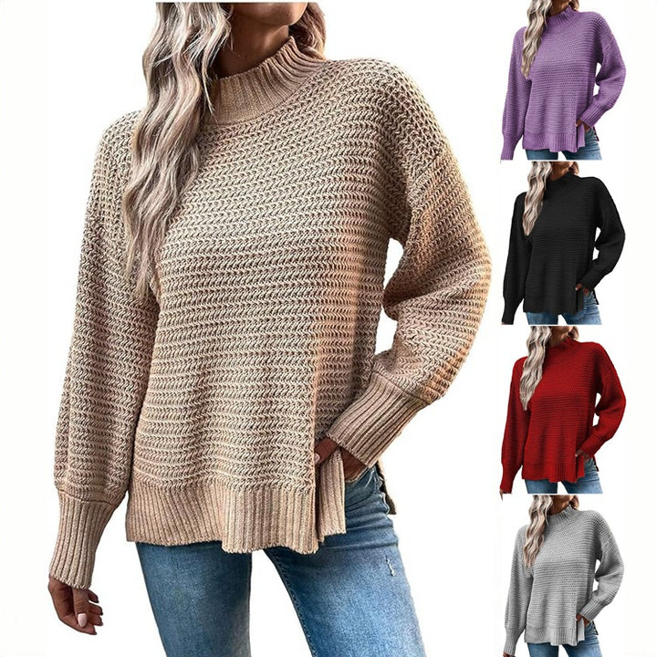 Kvinders strikkede pullover med høj krave og struktureret strik Stilla