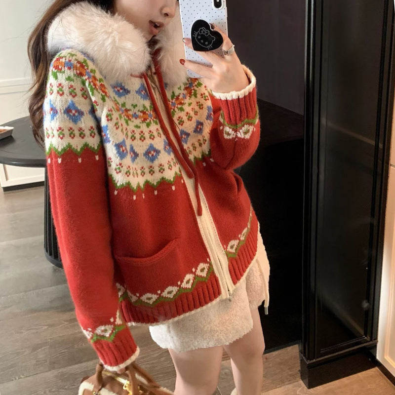 Kvinders cardigan med trendy norsk mønster og luksuriøs faux fur krave Stilla