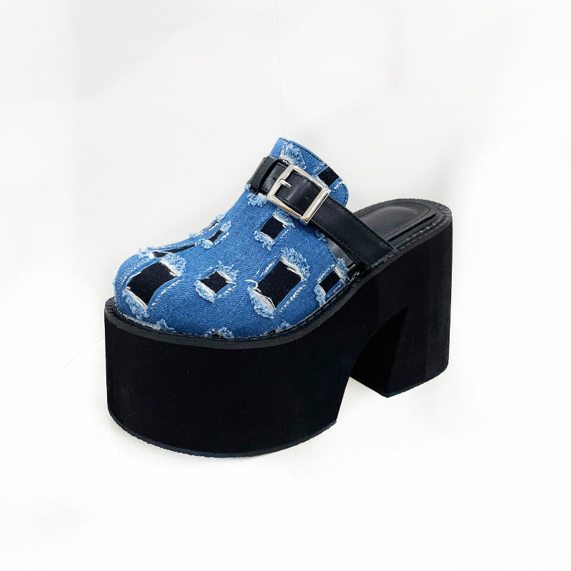 Dame Plateau-Mules med fashionable denim-design og robust bæresnor Stilla