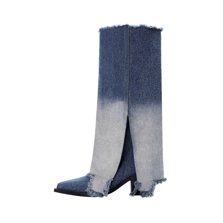 Femme Over-knæet Denim Stiletto Støvler med Skåret Detalje Stilla