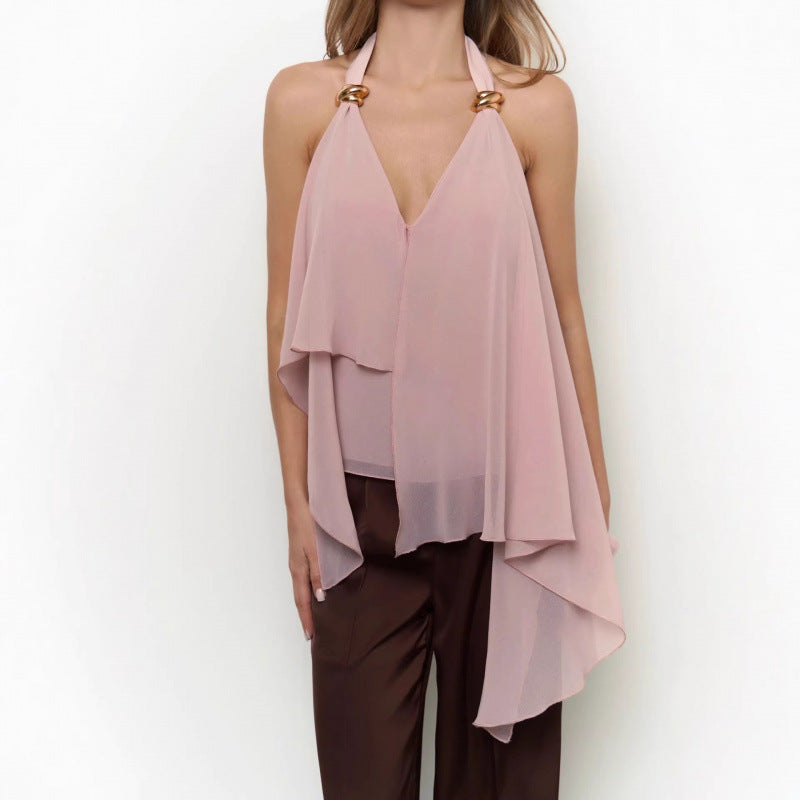 Dame chiffonbluse med asymmetrisk snit og glansdetaljer Skovae
