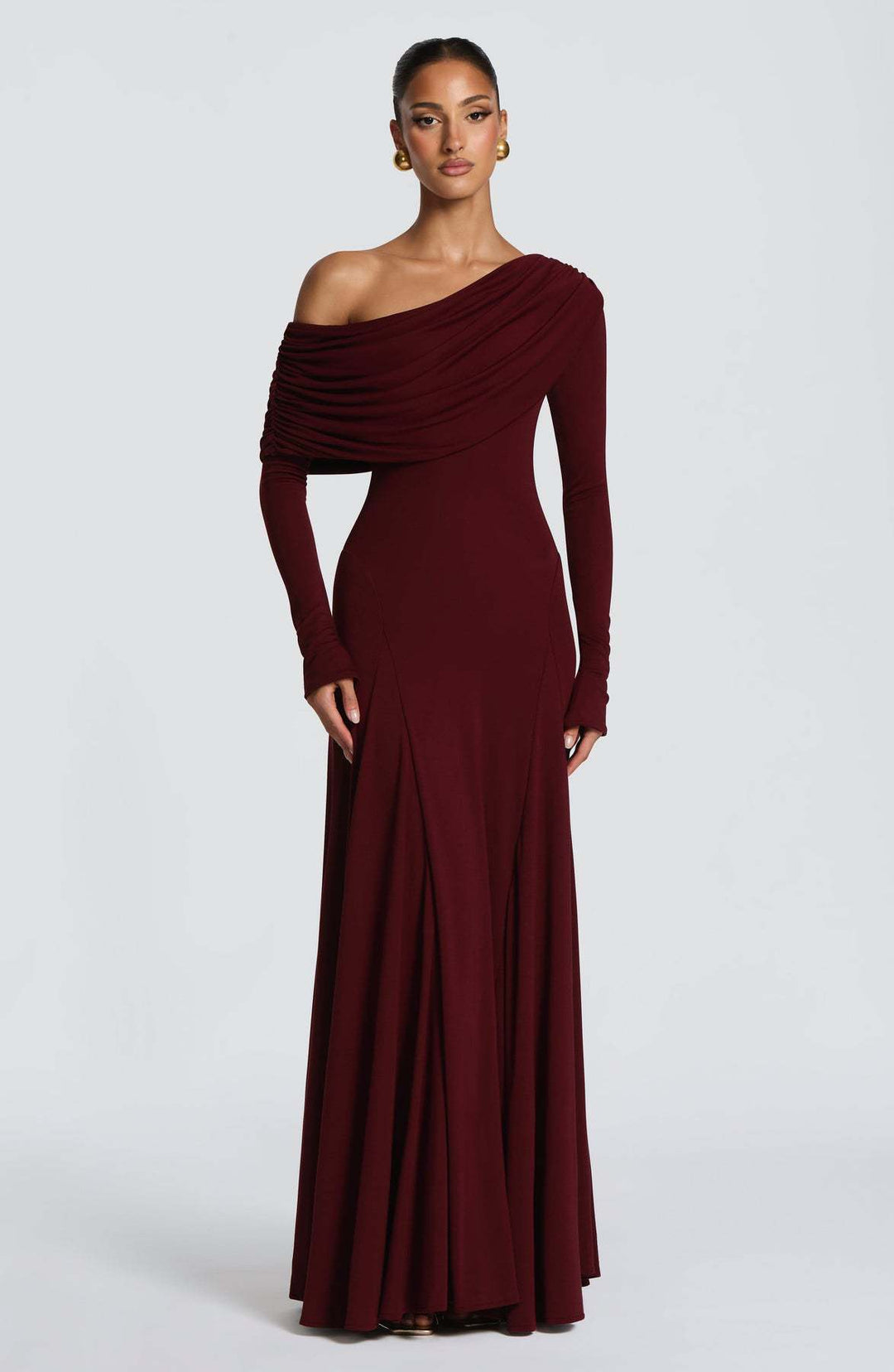 Kvinder elegante maxi kjoler med lange ærmer og asymmetrisk drapering Skovae