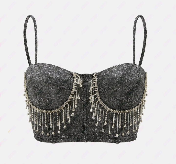 Damer glitrende off-shoulder crop-top med perleudsmykninger Stilla