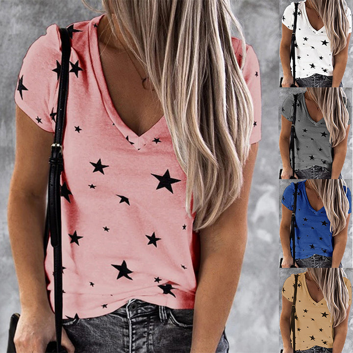 Kvinders V-Hals T-Shirt med Stjerne Motiv og Casual Snit Stilla
