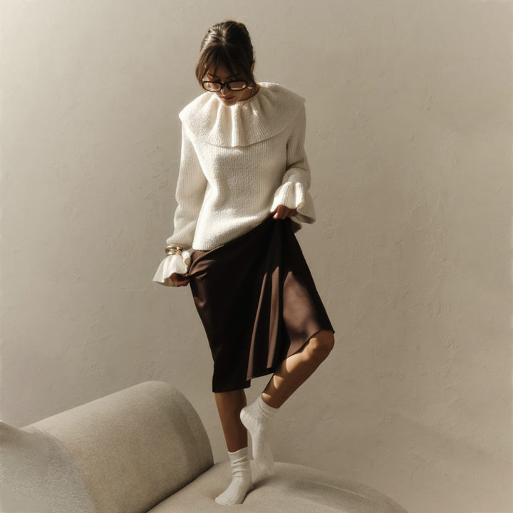 Kvinder Cozy Strikket Sweater med Flæseærmer Stilla
