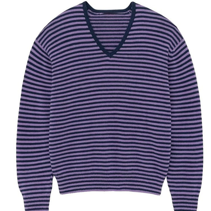 Dame stribet pullover med V-hals og blødt flydende materiale Stilla