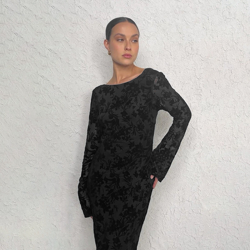 Damer Elegant Maxi Kjole med Blomster Textureret Design og Lange Ærmer Stilla