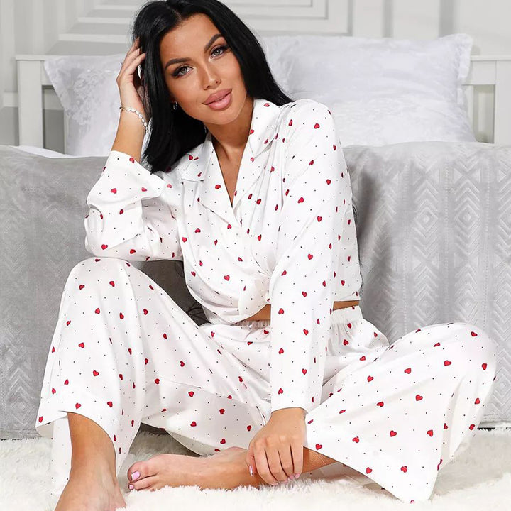 Dame pyjamasæt med hjerte mønster og lange ærmer Stilla