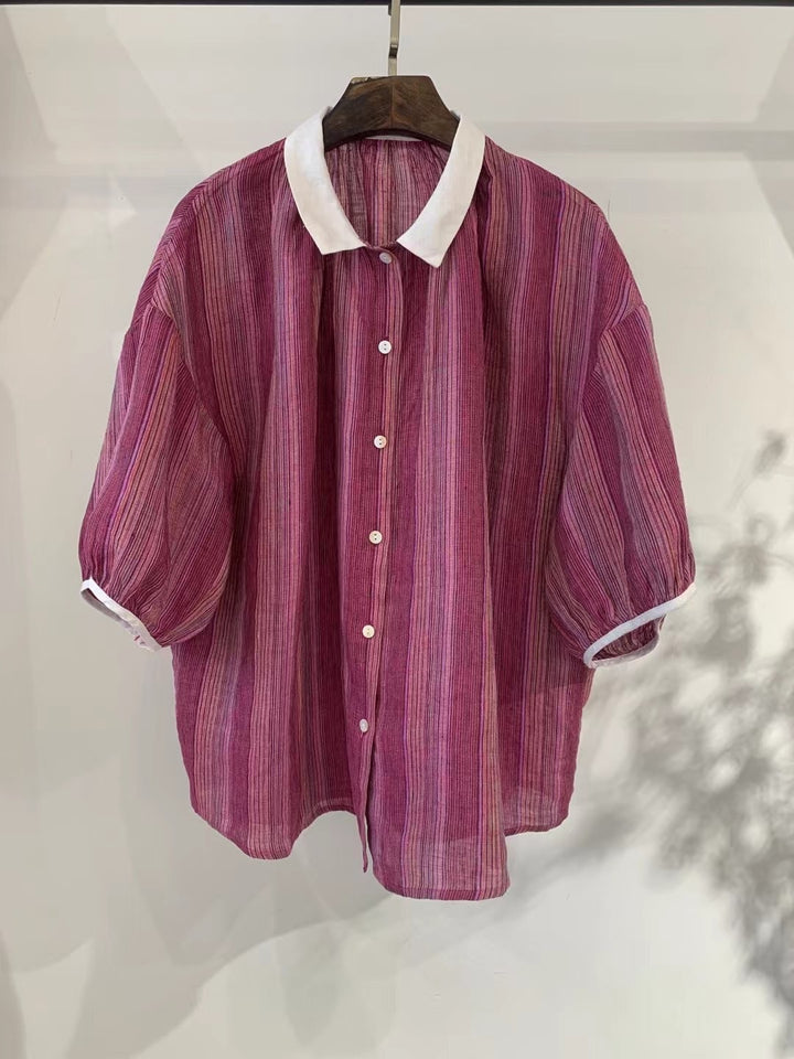 Dame Fritid Korte Ærmer Stribet Button-Up Skjorte Stilla