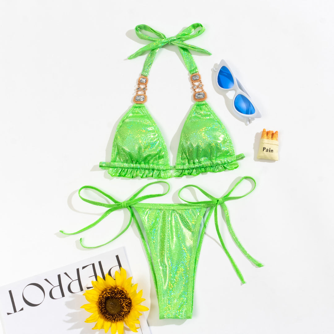 Dame trekantet bikini med glitrende detaljer og rynker Skovae