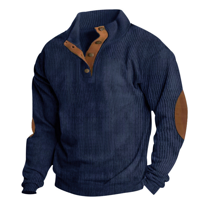 Herre nan grovstrikket sweater med ståkrave, knapliste og kunstlæderalbuepatches Skovae