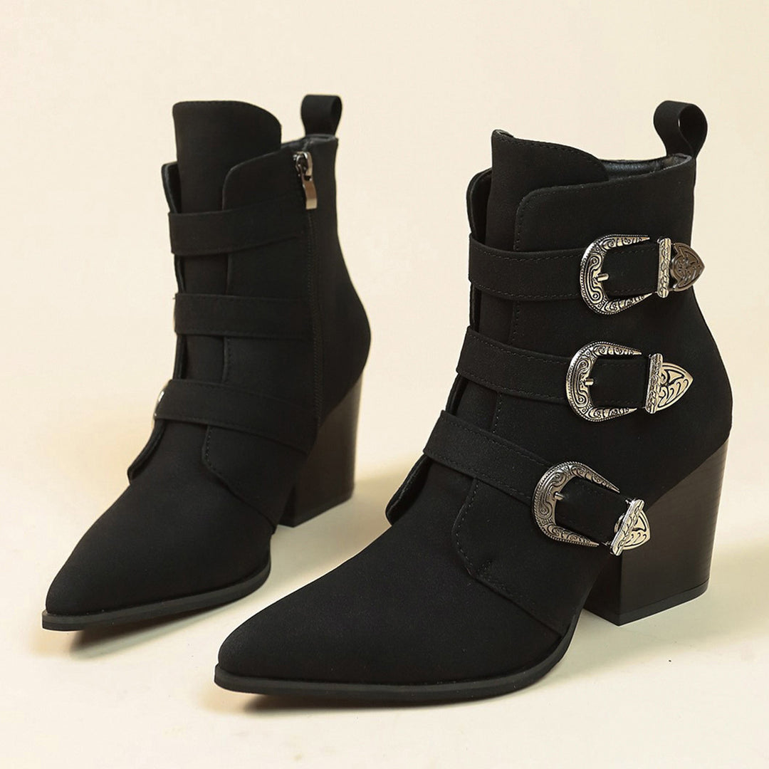 Dame High-Heel Støvletter med dekorative spænder og robust blokhæl Stilla