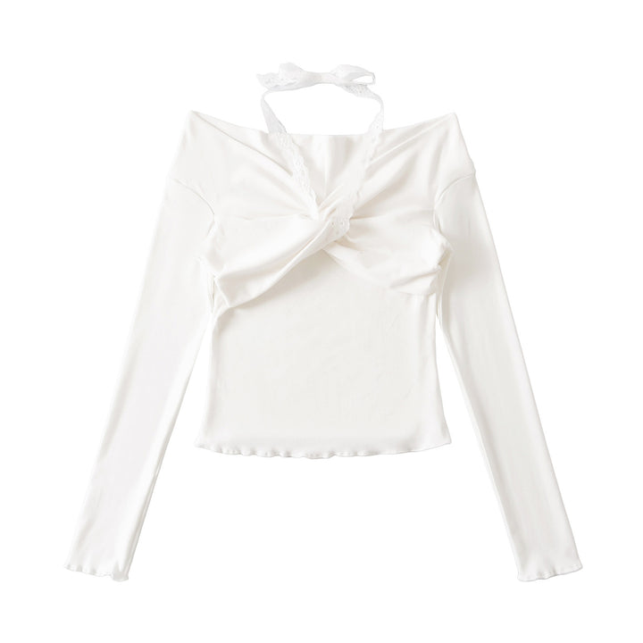 Dame Off-Shoulder Langærmet bluse med raffineret knudedetalje og sart blondeudsmykning Stilla