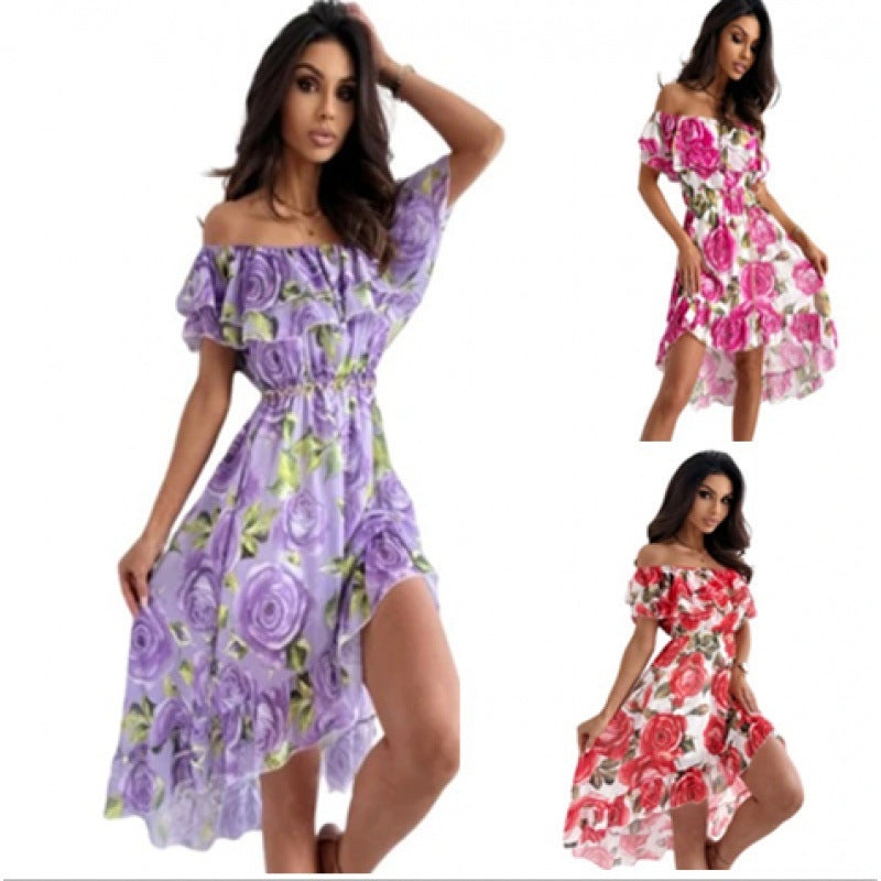 Dame Off-Shoulder Floral Midi Kjole med Rynkebund Stilla