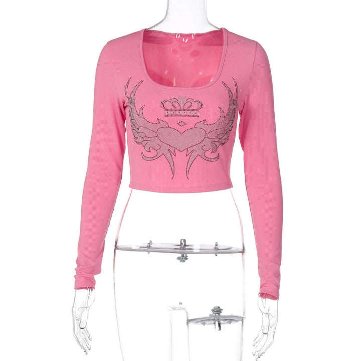 Dame trendy cropped langærmet skjorte med skinnende motiv Stilla
