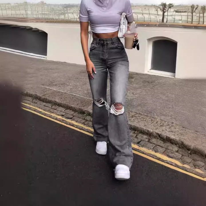 Dame Vintage Schlagjeans med moderigtige riv detaljer og høj talje Skovae