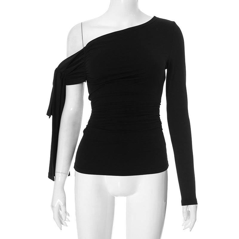 Femme Asymmetrisk Langærmet Rynkning Top Stilla