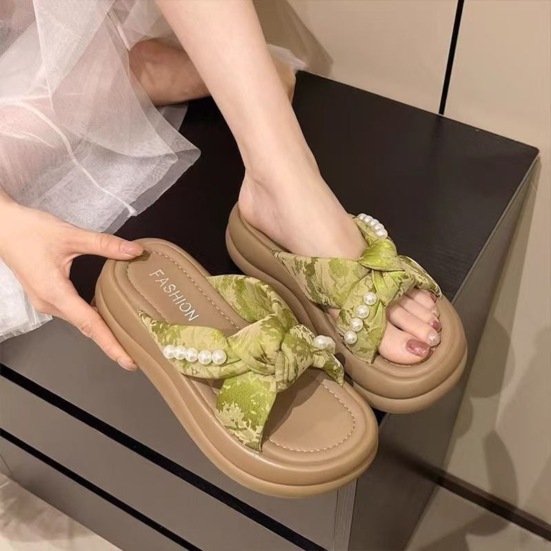Dame mode flip-flops med elegant knude-design og perlepynt Stilla