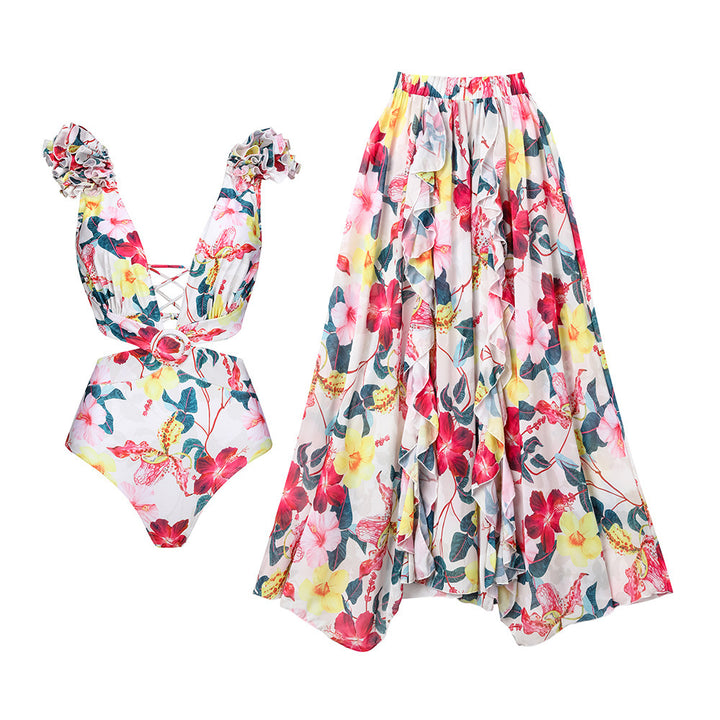 Dame elegant Floral badetøj med bølget skulderdesign Skovae