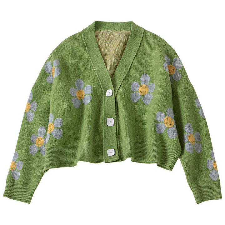Kvinders chunky strik cardigan med blomstermønster og knapdetaljer Stilla