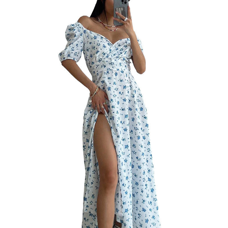 Dame Elegant Maxi Kjole med Puffærmer og Blomster Mønster Stilla